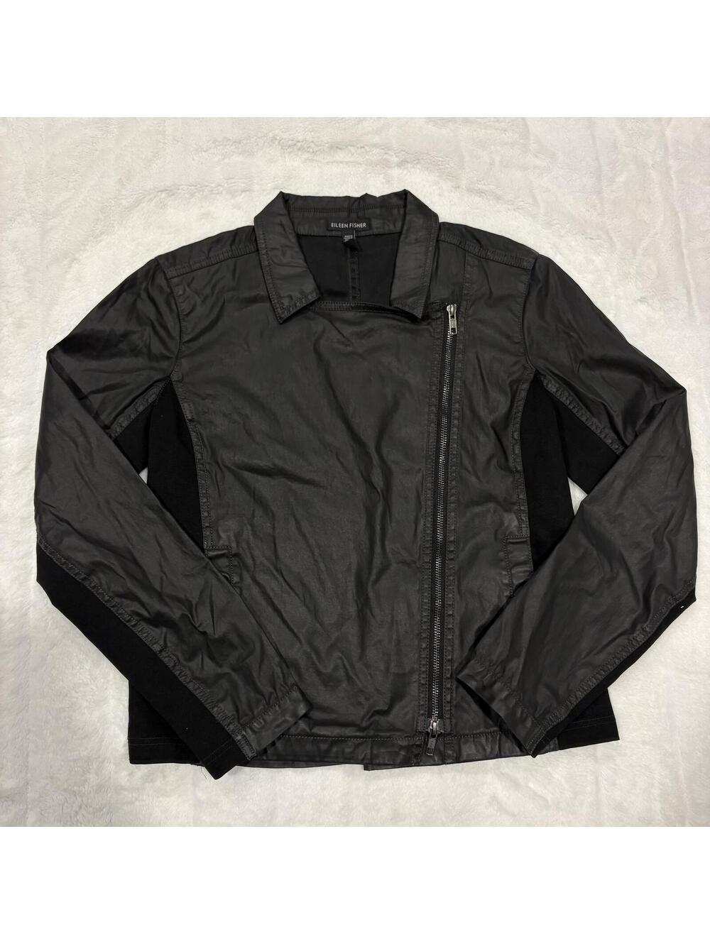 Eileen Fisher Biker Grunge Moto Jacket Women's S Black Cotton Blend Stretch
